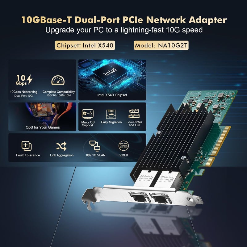 Binardat 2 Port 10G PCIe Network Card, Intel X540 chip LAN Ethernet Controller, 10G/1G/100Mbps RJ45 NIC Adapter for Windows/Linux/VMware - Image 2